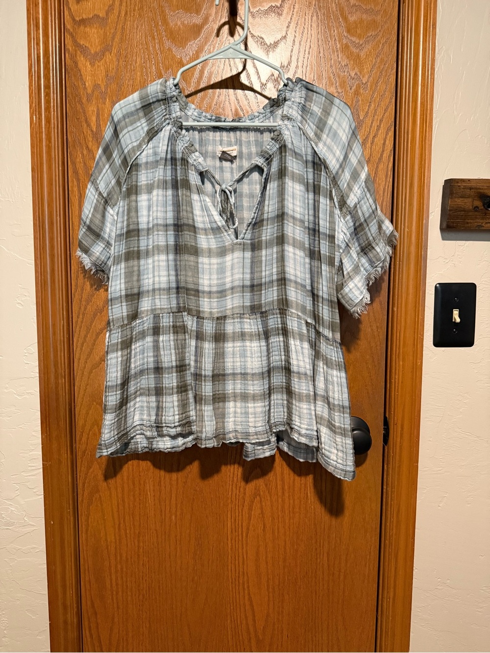 Anthropologie light blue and gray striped peasant blouse